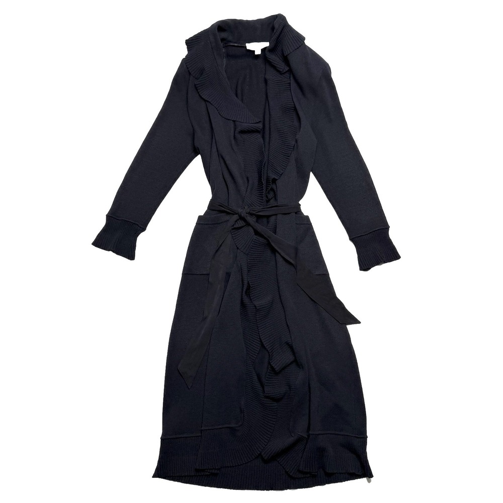 Vintage ST.‎ JOHN Collection Knit Long Kelly Cardigan 6 Black Ruffle Belted Maxi
